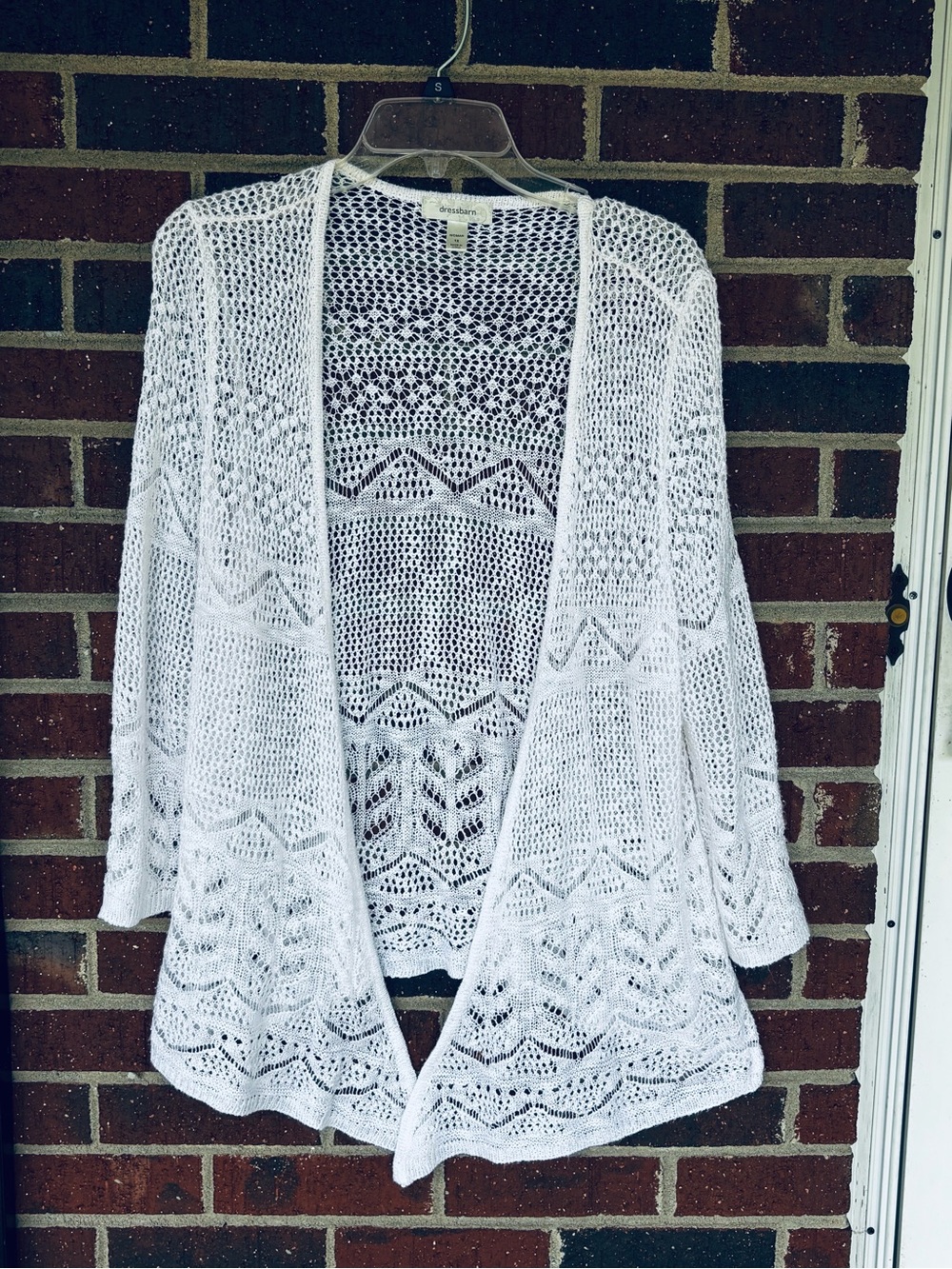 Dressbarn Womens White 1X Plus Crochet Knit Open Cardigan Sweater 3/4 sleeve